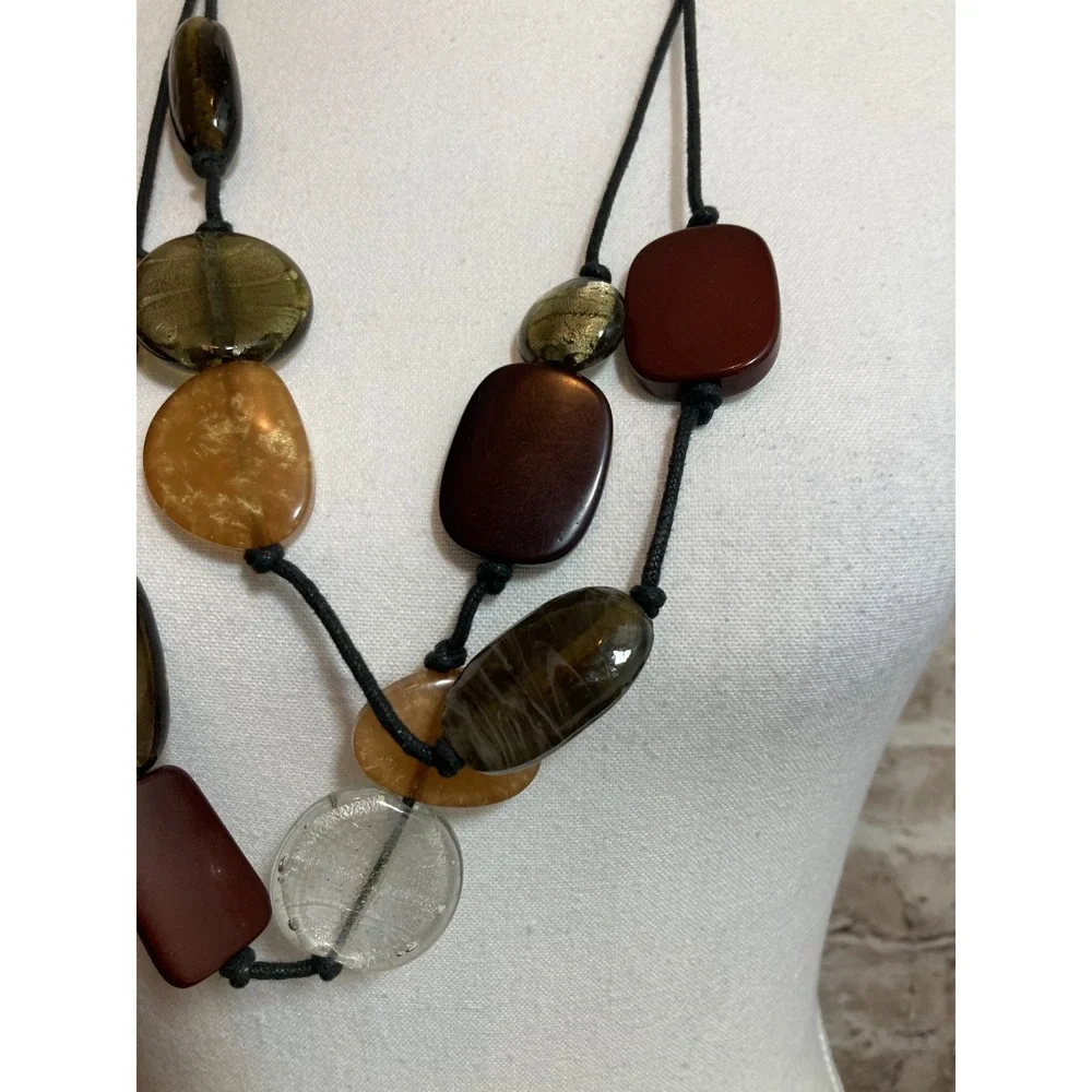 Boho Long Cord Necklace Mixed Resin Beads Artsy Brown Olive Modern Earthy Ethnic